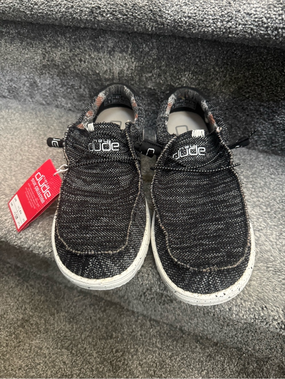Hey Dude Black Knit Slip-On Loafers with White Speckled Sole